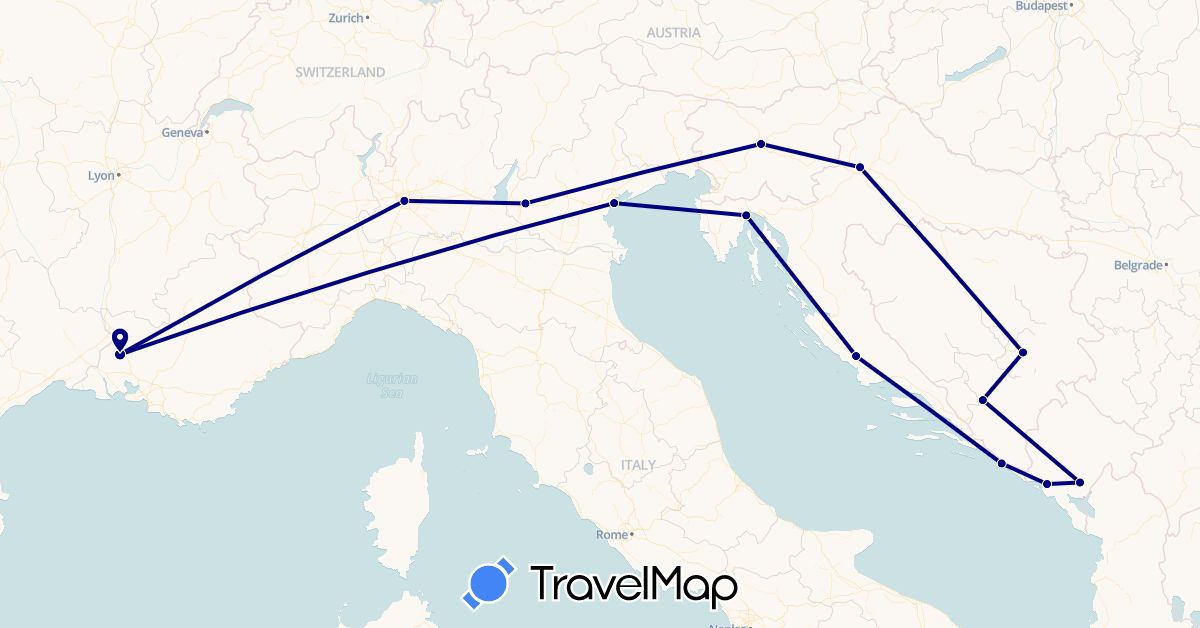 TravelMap itinerary: driving in Bosnia and Herzegovina, France, Croatia, Italy, Montenegro, Slovenia (Europe)